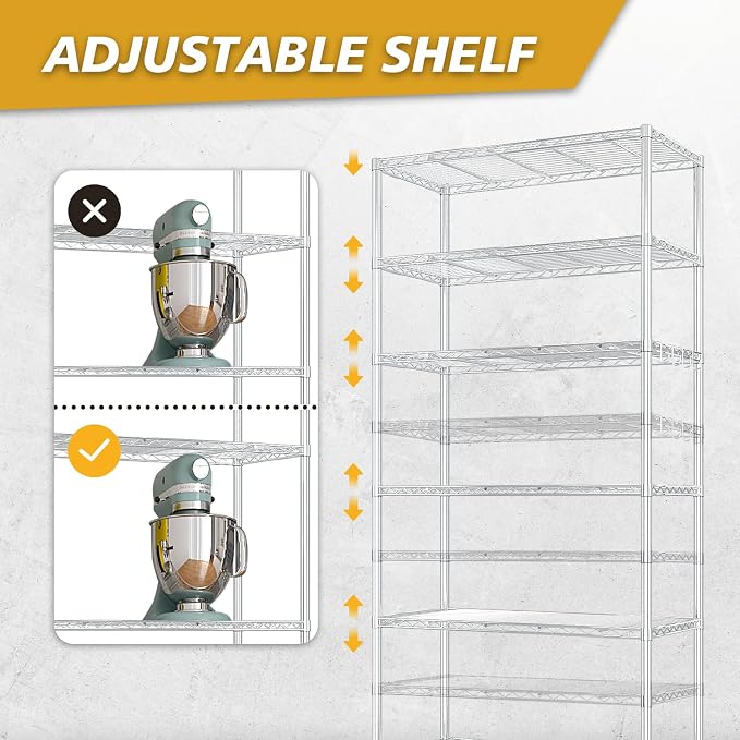Karl home Silver 6-Tier Wire Storage Shelving with Wheels | Adjustable Storage Unit , Size 78.7"H X 35.4" W X 17.7" D, Suitable for Garage, Kitchen and Basement