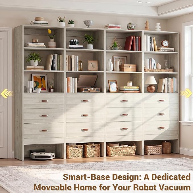 8FT Closet System with Leather Handles, 96" Walk-in Closet Storage Unit with Cabinet, Wood Wardrobe Closet Organizer and Storage with 12 Drawers, Set of 4, White Oak