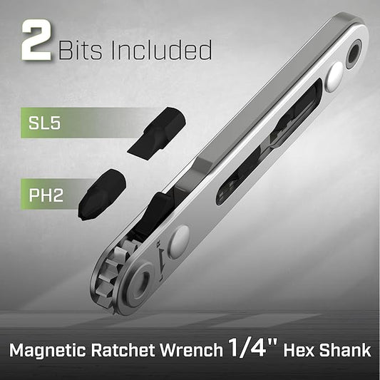 Bates- Mini Ratchet Wrench, 1/4" Magnetic 90 Degree Screwdriver, Gray, Low Profile Right Angle Screwdriver for Tight Spaces