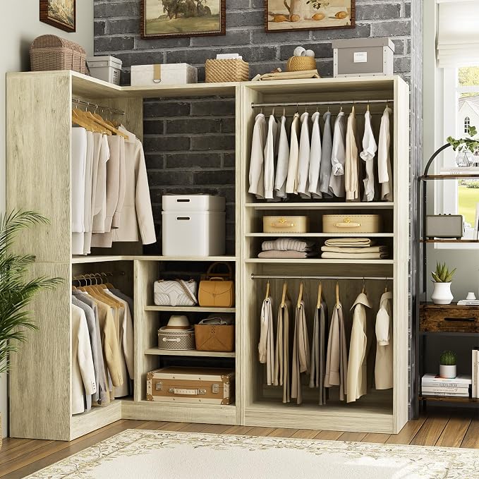 Unikito Corner Closet System, 72" L-Shaped Closet Organizer with 4 Hanging Rods, Freestanding Walk-in Closet Storage Tower for Bedroom, White Oak