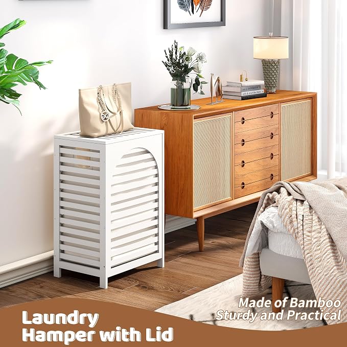 Laundry Hamper with Lid (16.9 * 13 * 26.5inches) Large Bamboo Laundry Bin Basket 85L Clothes Hamper with 1 Removable Bag Storage baskets for Bathroom (White)