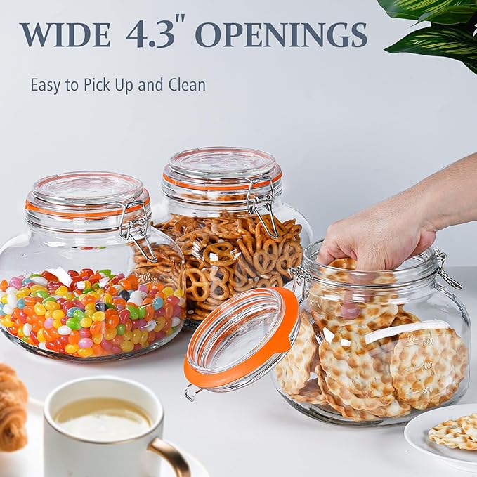 Large Glass Jars with Airtight Lid, 2 Pack Glass Food Storage Jars with 2 Scale Marks, Square Glass Canisters for Flour, Cereal, Coffee, Pasta, Cookies, Pickle, 0.6 Gallon Wide Mouth Mason Jars