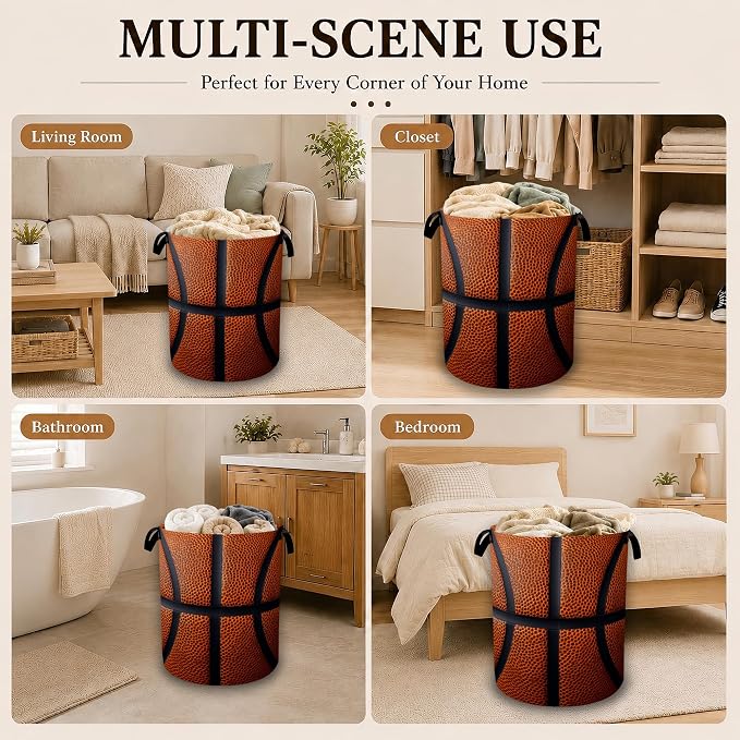 Basketball Texture Laundry Basket with Handles, Foldable Tall Oxford Clothes Hamper, Lightweight Water-Resistant Storage Bin for Bedroom Bathroom College Dorm, 16 x 20.8 Inch