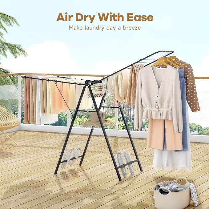 APEXCHASER 6 Height Adjustable Clothes Drying Rack with Shoe Slots, Black | Pre-Assembled, Stable Load Structure, 22 Drying Rails, Foldable Space-Saving For Efficient Indoor & Outdoor Airflow Drying