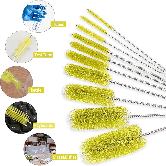 CiaraQ Bottle Cleaning Brushes, 8 Inch Nylon Tube Brush Set | Yellow Cleaner for Narrow Neck Bottles Cups with Hook, Set of 10pcs.