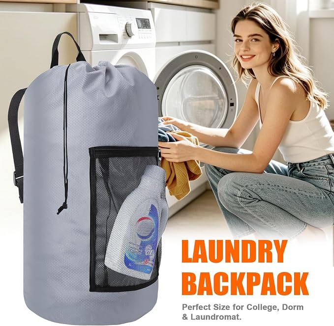 Laundry Bag Backpack Durable Laundry Bag with Shoulder Straps and Mesh Pockets Portable Laundry Hamper Dirty Clothes Bag for College, Travel, Laundromat, Apartment (Gray)