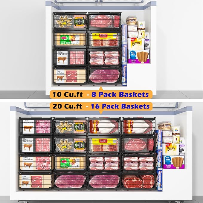 NADAMOO Expandable Chest Freezer Organizer, Stackable Wire Baskets | Adjustable 11-17.3 Inches, Heavy Duty 35 lbs Capacity, Foldable Handles, 360° Airflow, Fits 5-20 Cu Ft Models, 2 Pack