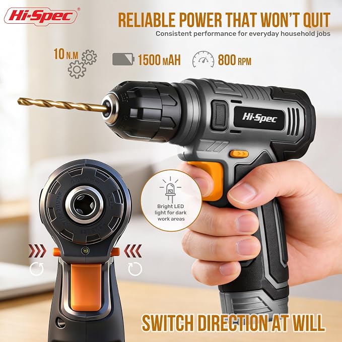 Hi-Spec Tool Kit with 8V Cordless Drill Set with Toolbox for Home DIY | Complete DIY Tool Set, Essential Everyday Home Repair & Maintenance, USB Rechargeable Electric Drill, Compact Toolbox Case