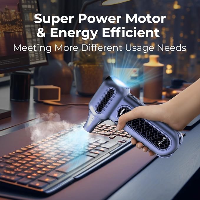 Rosewill Electric Air Duster - 130,000 RPM Super Power Cordless w/Turbo Mode, 4-Gear Adjustable Mini Blower with Fast Charging, Inflation and Suction for Computer, Keyboard, Pet, House, Outdoor & Car