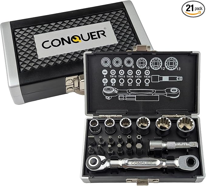 CONQUER 21-Piece 1/4" Drive Mini Ratchet Spline Socket Set, SAE/Metric | 72-Tooth Dual Head Ratchet, Quick Release & Spin Disc, CR-V Spline Sockets 6-13mm, S2 Bits, Knurled Grip, Portable Kit