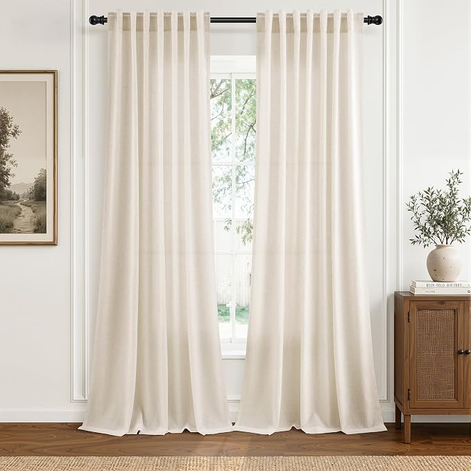 Hokibero Cream Linen Curtains 100 Inches Long for Living Room 2 Panels | Light Filtering Semi Sheer Curtain, Back Tab Rod Pocket Pleated Look, Beige Window Drapes for Bedroom Privacy, Boho Farmhouse