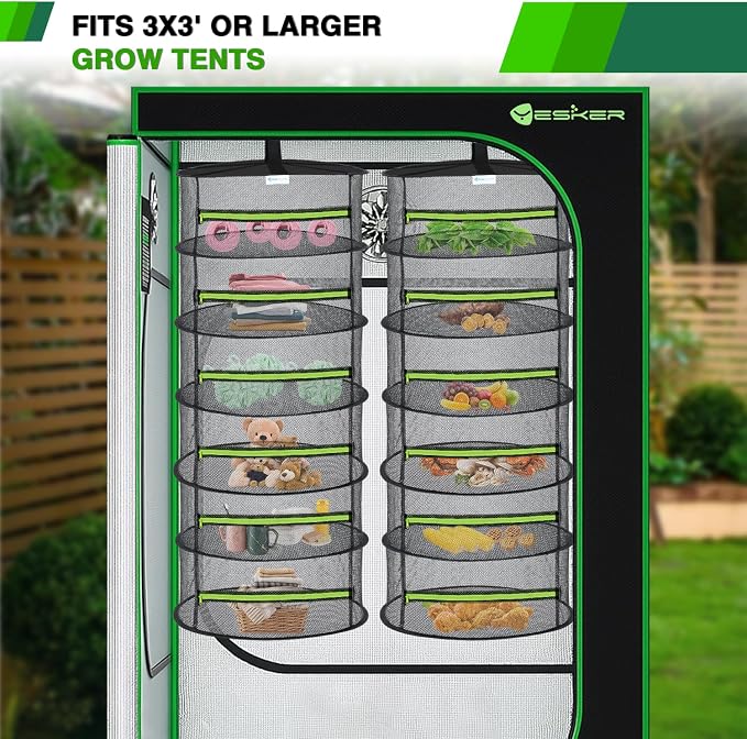 Yesker 6 Layer Herb Drying Rack Hanging Mesh Net Foldable Plant Drying Racks 24" w Green Zipper Pruning Shears Dryer Hanging Rack for Herbs Seed Bud Fruit Clothes Grow Tent Closet Garden Outdoor 2 PCS