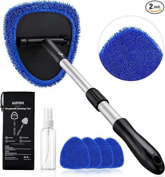 AstroAI 21" Extra-Long Windshield Cleaner Tool, Car Interior Detailing Cleaning Kit with Extendable Handle and 4 Upgraded Reusable Microfiber Pads, Auto Glass Wiper Brush Kit for Cars, Blue, 2 Pack