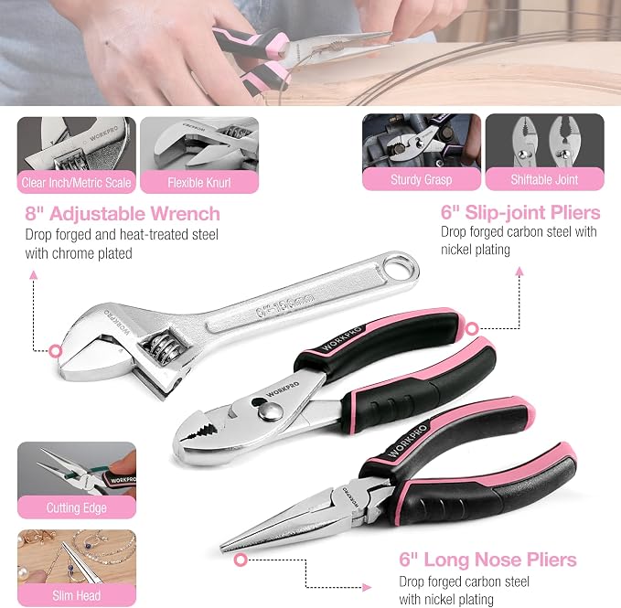 WORKPRO 284PCS Pink Tool Set, Portable Home Basic Tool Kit Box for Women | Household Case with Hammer, Ratchet Sockets, Pliers, Screwdrivers, Repairing Tool Kit, House-Warming, DIY - Pink Ribbon