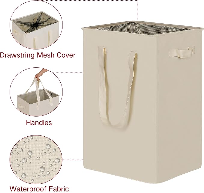 efluky Slim Laundry Basket, Narrow Laundry Hamper with Handles, Collapsible Dirty Clothes Hamper, Tall Laundry Bin for Laundry Room, Dorm and Bedroom, 90L Beige
