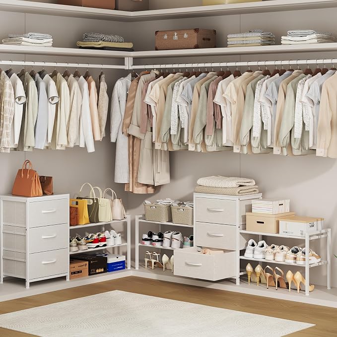 Expandable Closet Organizers and Storage,Wide Long 3 Drawer Dresser | White Fabric Storage Dresser, Clothes Shelves for Kids, Purse Organizer Small Shoe Rack for Closet Bedroom(47.24~71.47in)
