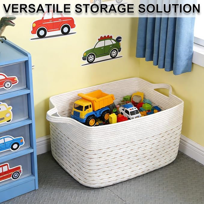 96L Woven Laundry Basket with Handles, Extra Blanket Basket,Yellow | 24"×16"×15" Collapsible Cotton Rope Storage Basket for Toys Clothes & Pillows, Nursery, Bathroom, Bedroom, Living Room