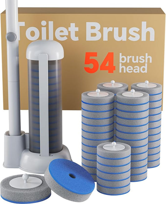 Disposable Toilet Brush and Holder Set - Hands-Free Eject Sponge Toilet Wand with Floor Standing Caddy, Secure-Lock Hangable Toilet Scrubber