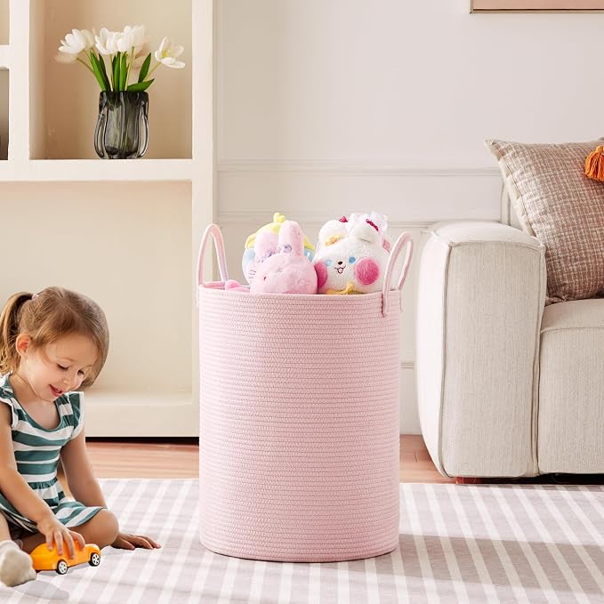 Pink Hamper Laundry Basket for Girls Kids Baby Nursery 60L Large | 15x20 Inches Woven Rope Hamper, Tall Nursery Storage Bin, Kawaii Bedroom Laundry Hamper