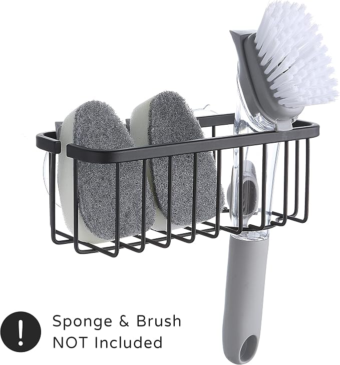 SunnyPoint NeverRust Deluxe Kitchen & Bathroom Sink Sponge Holder Organizer with Adhesive Mount - Additional Suction Cup Included – Sponge & Brush NOT Included – 7.4 x 3.3 x 2.75 Inch (Mat Black)