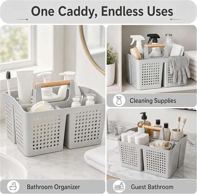 Portable Shower Caddy Basket with Wood Handle, 3-Compartment Bathroom Organizer Tote with Drain Holes, Plastic Shower Basket for Dorm, Toiletries, Cleaning Supplies,Light Gray