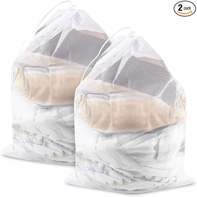 2 Pack Large Mesh Laundry Bags, 24" x 36" Heavy Duty Strong | Drawstring Dirty Clothes Bag, with Soft Breathable Net, Machine Washable, For College, Dorm, Camp, Travel ＆ Family Use(White)