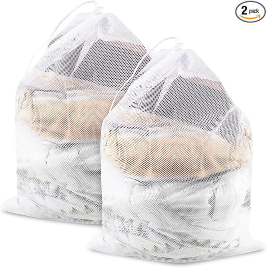 2 Pack Large Mesh Laundry Bags, 24" x 36" Heavy Duty Strong | Drawstring Dirty Clothes Bag, with Soft Breathable Net, Machine Washable, For College, Dorm, Camp, Travel ＆ Family Use(White)