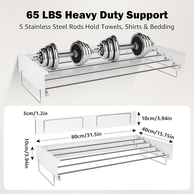 Wall Mounted Drying Rack 32" – Foldable Clothes Drying Rack Wall Mounted, 65 LBS Laundry Rack Wall Mounted, Retractable Clothes Rack for Laundry Room, Indoor & Outdoor Space Saver, 5 Rods, White