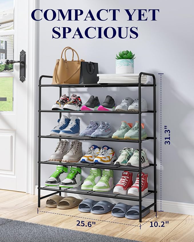Kitsure Shoe Rack - Stainless Steel Shoe Organizer, Sturdy Shoe Rack for Closet and Front Door Entrance, Free Standing Shoe Shelf, Closet Organizers and Storage, 25.6" Wide - 5 Tier, Black