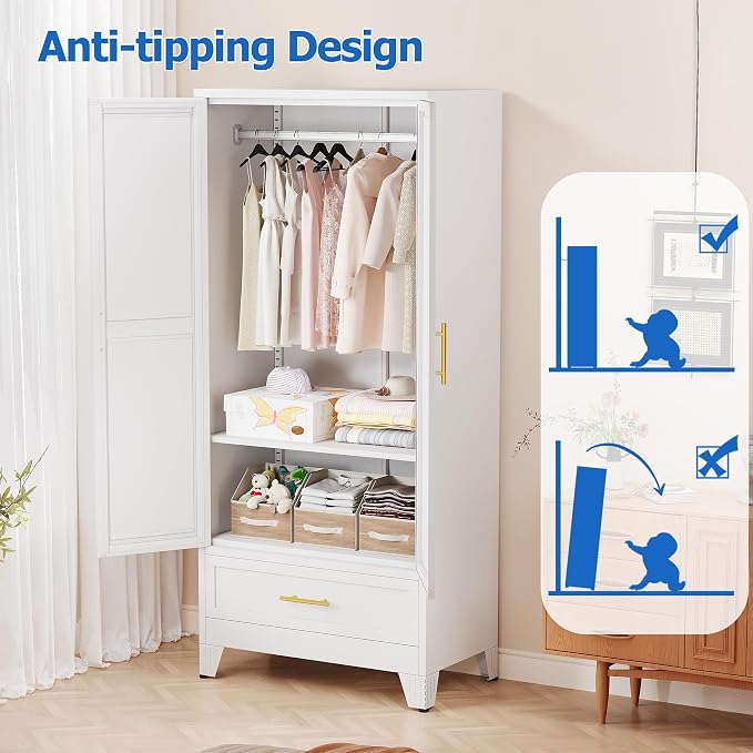 GAIOUS Steel Armoire WardrobeCloset with Mirror Door and Drawer 71" White | Household Wardrobe Cabinet with Hanging Rod, Metal Clothing Storage Cabinet with Adjustable Shelf for Bedroom, Cloak, Gym