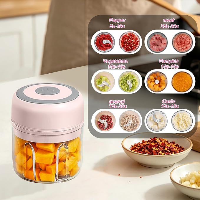 Electric Garlic Mincer, 250ML Small Onion Chopper USB, Portable Mini Food Processor for Vegetable Chopper Garlic Ginger Chili Veg, Pink