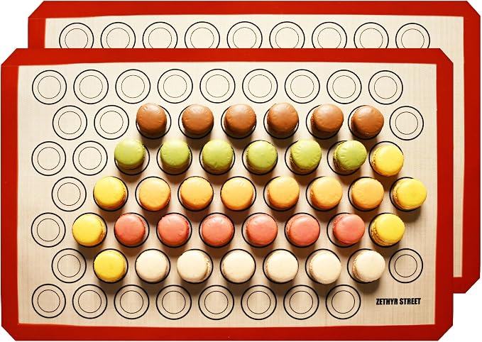 Macaron Silicone Baking Mats - Set of 2 - Full Size - 16 x 24 in (40 x 60 cm), Non-Stick Macaron Mat for Perfect Baking - Dishwasher & Oven Safe, Ideal for Macarons, Cookies, Bread, Red Border