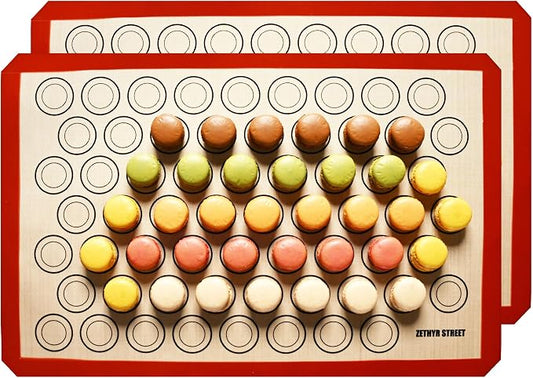 Macaron Silicone Baking Mats - Set of 2 - Full Size - 16 x 24 in (40 x 60 cm), Non-Stick Macaron Mat for Perfect Baking - Dishwasher & Oven Safe, Ideal for Macarons, Cookies, Bread, Red Border