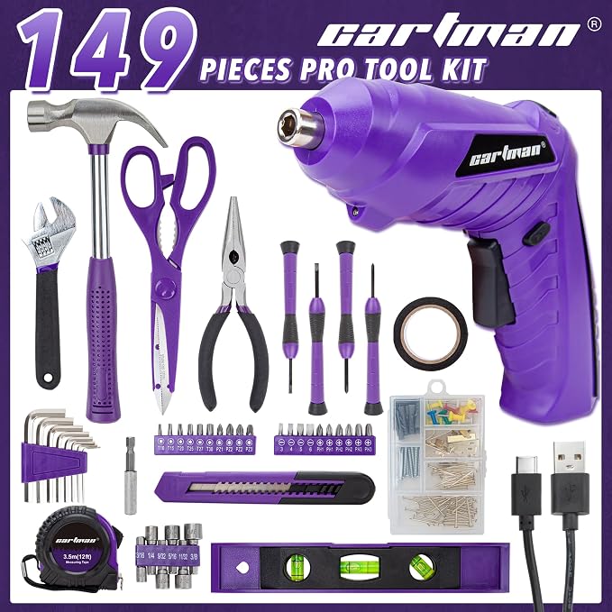 CARTMAN 149PCS Tool Set, Purple Cordless Screwdriver, Home Repair Tool Kit | Complete tool assortment with cordless screwdriver for home repairs, office fixes, furniture setup crafting, and daily tasks.