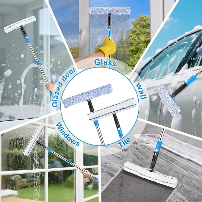 360° Rotating Window Squeegee Cleaner Kit with Extension Pole | Streak-Free Glass Cleaner for High Windows, Shower Doors & Solar Panels, Professional All-in-One Window Cleaning Tools Set