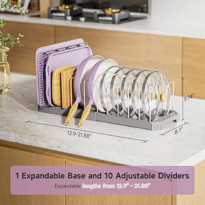 MUDEELA Pots and Pans Organizer under Cabinet, Pan Pot Organizer Inside Cabinet, Expandable 12.9''-21.88'' Pot Lid Organizer Holder with 12 Adjustable Dividers for Cutting Boards, Pan Lid Rack, Grey