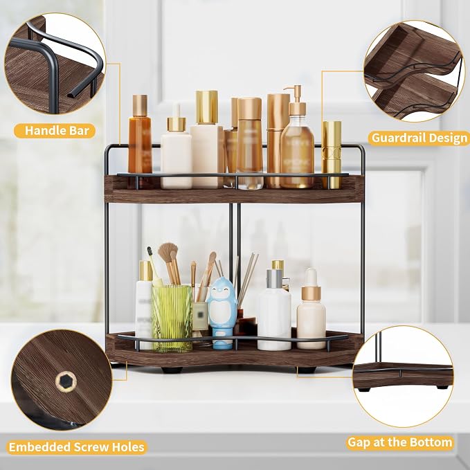 2-Tier Corner Bathroom Counter Organizer, Larger Size | Embedded Screw Holes, Sturdy & Stable, Oversized, Holds More, Vanity Shelf for Makeup & Skincare, Dark Brown