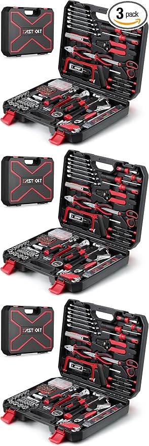 Eastvolt 218-Piece Household Tool Kit, Auto Repair Tool Set, Tool Kits for Homeowner, Plier, Screwdriver Set, Socket Kit and Toolbox Storage Case,Black + Red (Pack of 3)