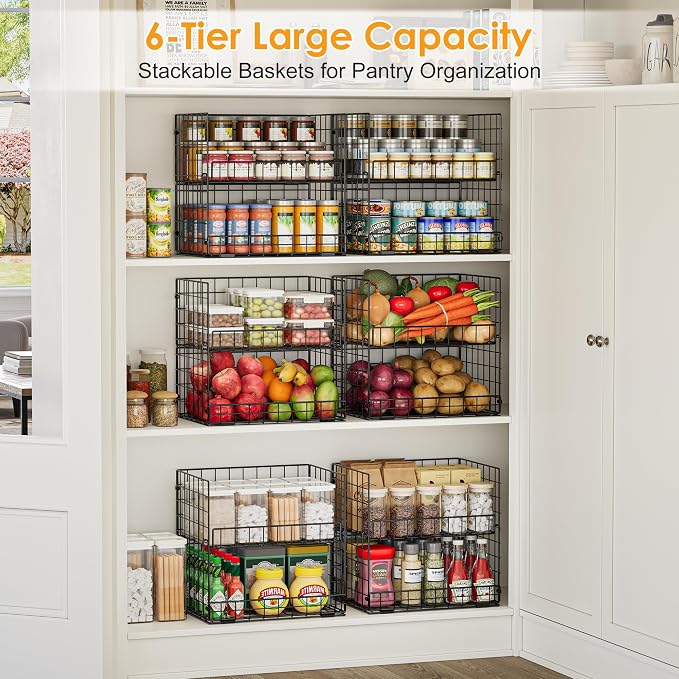 JKsmart 6-Tier Stackable Wire Basket, Can Organizer for Pantry Kitchen, XXL Metal Storage Shelves with Dividers & Handles, Easy Assembly Space Saving Storage Bins for Snacks Fruits Veggies
