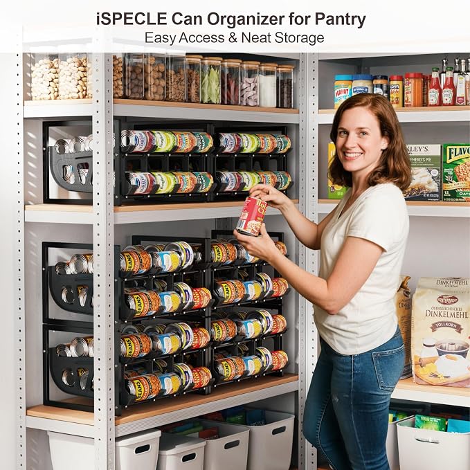 iSPECLE Can Storage Organizer Pantry - Auto-Rolling Expandable Hold 80 Cans | Stackable For Walk-in Deep Pantry Shelve, Adjustable Width for Food Cans, Sturdy Metal Frame, Easy Access & Restocking, Black