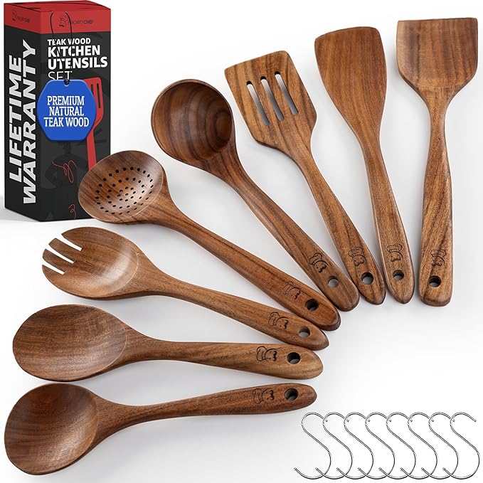 PriorityChef Wooden Spoons for Cooking, Premium 8pc Teak Wood Utensil Set with Hanging Hooks