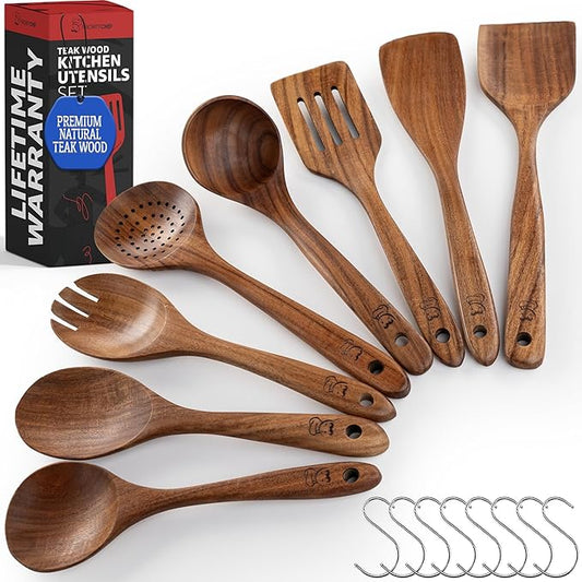 PriorityChef Wooden Spoons for Cooking, Premium 8pc Teak Wood Utensil Set with Hanging Hooks