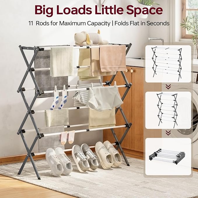 Large Clothes Drying Rack, Metal Expandable Laundry Rack, 44.88" Height, Adjustable Width 20.87-35.43in, Space Saving Foldable, Indoor Outdoor Use for Laundry, Towels, Shoes, Grey White