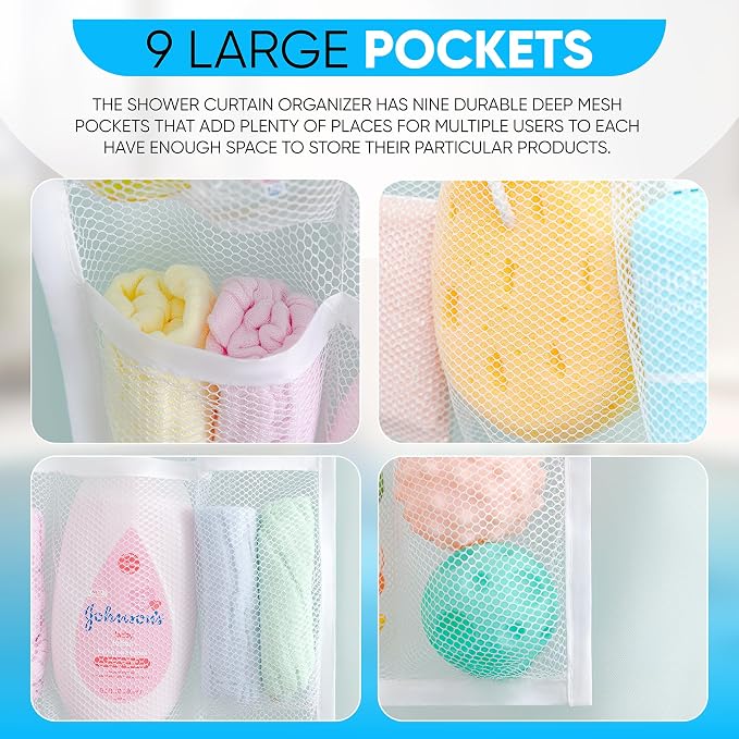 Handy Laundry Shower Curtain Bathroom Organizer -9 Pockets- Perfect for Organizing Home Bath, Your Toiletries and kid's Toys in Nine Durable Deep Mesh Pockets. Hang on Existing Shower Curtain Rings.