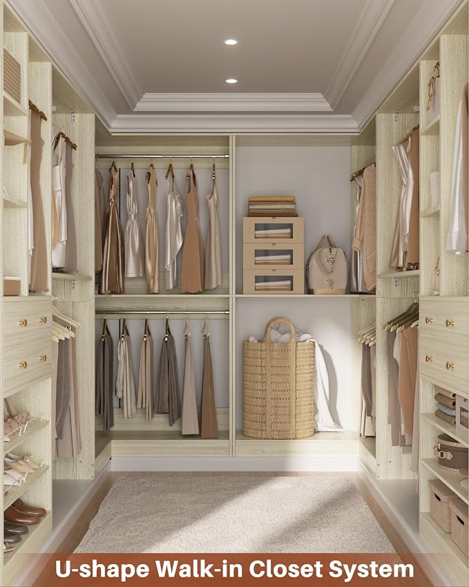 Besiost Closet System with 4 Drawers & Corner Tower, Closet Organizer System with 10 Hanging Robs, Reversible U Shaped Walk-in Closet System, Load 3600+LBS Capacity, Set of 4, Greige Oak