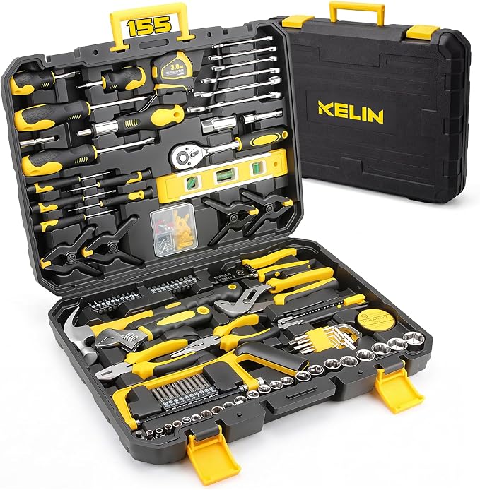 155PCS Household Tool Set with Toolbox Ratcheting Screwdriver Sockets | Includes pliers, hammer, level, tape measure | Portable home repair kit | For garage, car, DIY projects