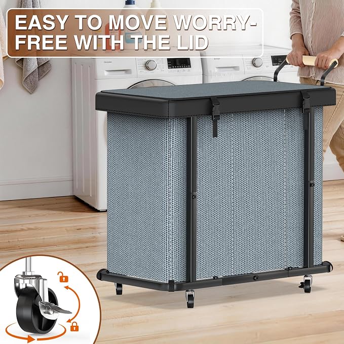 Rolling Laundry Hamper with Wheels, Laundry Hamper 3 Section with Lid Gray | Laundry Basket with Rolling Lockable Wheels and Handle, Laundry Basket Organizer for Laundry Room, Bedroom 230L