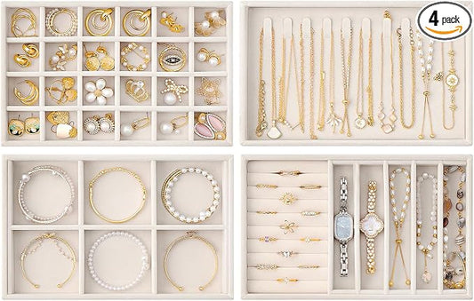 Lolalet Jewelry Drawer Organizer Inserts, Stackable Velvet Tray Jewelry Storage Organizers Set Display Cases for Necklaces Bracelets Earrings Rings Chains Bangles Watches, Beige, Set of 4