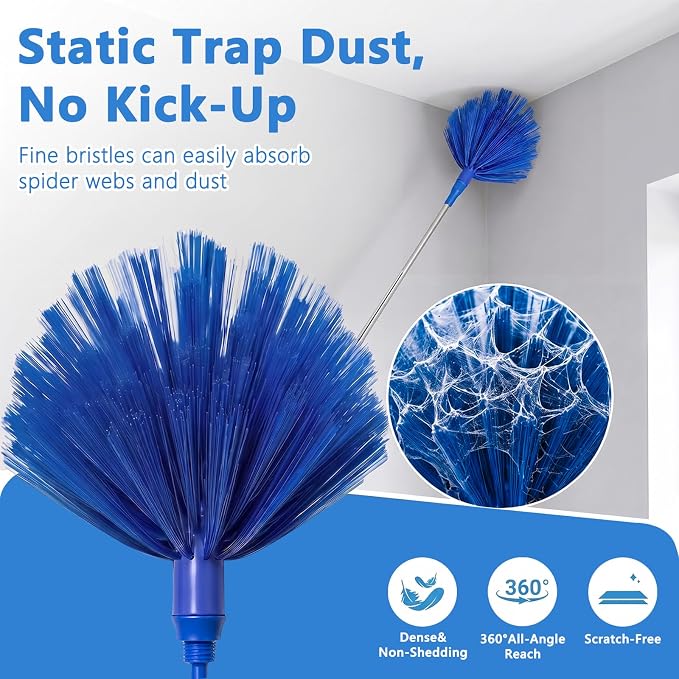 Duster with Extension Pole 30-100 Inches, Bendable Microfiber Cobweb, Blue, Duster for Cleaning Ceiling Fan, High Ceiling, Roof, Window & Blinds