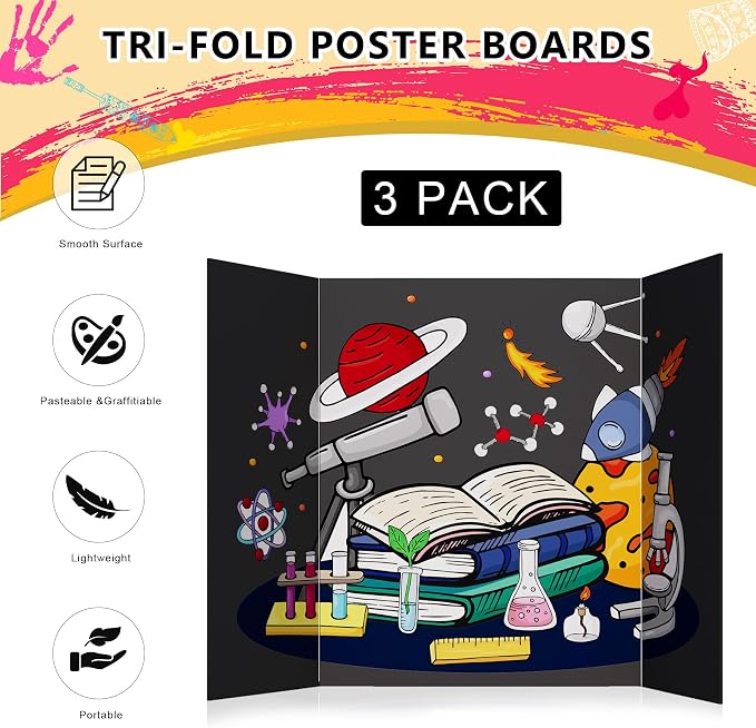 HAUTOCO 3 Pcs Small Trifold Poster Board 21'' x 14'' Project Boards | Corrugated Tri Fold Presentation Boards for Science Fair, School Projects, Event Displays & Business Presentations, Black